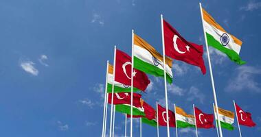 Turkey and India Flag Waving Together in the Sky, Seamless Loop in Wind, Space on Left Side for Design or Information, 3D Rendering video