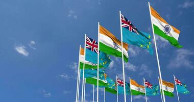 Tuvalu and India Flag Waving Together in the Sky, Seamless Loop in Wind, Space on Left Side for Design or Information, 3D Rendering video