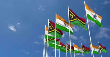 Vanuatu and India Flag Waving Together in the Sky, Seamless Loop in Wind, Space on Left Side for Design or Information, 3D Rendering video