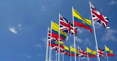 Ecuador and United Kingdom Flags Waving Together in the Sky, Seamless Loop in Wind, Space on Left Side for Design or Information, 3D Rendering video