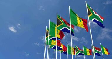 Senegal and South Africa Flags Waving Together in the Sky, Seamless Loop in Wind, Space on Left Side for Design or Information, 3D Rendering video