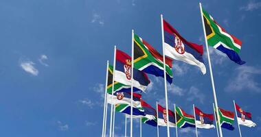 Serbia and South Africa Flags Waving Together in the Sky, Seamless Loop in Wind, Space on Left Side for Design or Information, 3D Rendering video