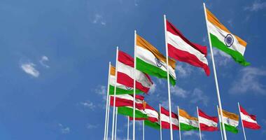 Austria and India Flags Waving Together in the Sky, Seamless Loop in Wind, Space on Left Side for Design or Information, 3D Rendering video