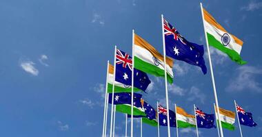 Australia and India Flags Waving Together in the Sky, Seamless Loop in Wind, Space on Left Side for Design or Information, 3D Rendering video