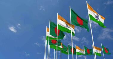 Bangladesh and India Flags Waving Together in the Sky, Seamless Loop in Wind, Space on Left Side for Design or Information, 3D Rendering video