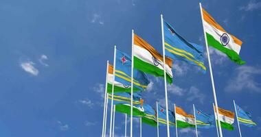 aruba och Indien flaggor vinka tillsammans i de himmel, sömlös slinga i vind, Plats på vänster sida för design eller information, 3d tolkning video