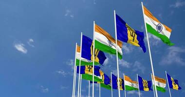 Barbados and India Flags Waving Together in the Sky, Seamless Loop in Wind, Space on Left Side for Design or Information, 3D Rendering video