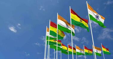 Bolivia and India Flags Waving Together in the Sky, Seamless Loop in Wind, Space on Left Side for Design or Information, 3D Rendering video