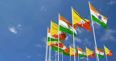 bhutan och Indien flaggor vinka tillsammans i de himmel, sömlös slinga i vind, Plats på vänster sida för design eller information, 3d tolkning video