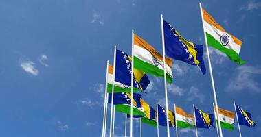 Bosnië en herzegovina en Indië vlaggen golvend samen in de lucht, naadloos lus in wind, ruimte Aan links kant voor ontwerp of informatie, 3d renderen video