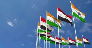 Egypt and India Flags Waving Together in the Sky, Seamless Loop in Wind, Space on Left Side for Design or Information, 3D Rendering video