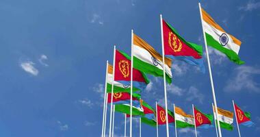 Eritrea and India Flags Waving Together in the Sky, Seamless Loop in Wind, Space on Left Side for Design or Information, 3D Rendering video