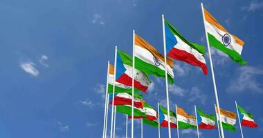 Equatorial Guinea and India Flags Waving Together in the Sky, Seamless Loop in Wind, Space on Left Side for Design or Information, 3D Rendering video