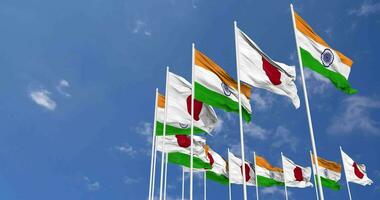 Japan and India Flags Waving Together in the Sky, Seamless Loop in Wind, Space on Left Side for Design or Information, 3D Rendering video