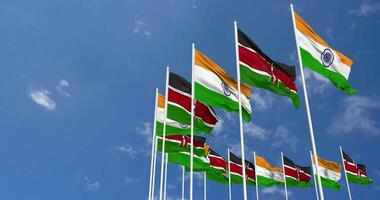 Kenya and India Flags Waving Together in the Sky, Seamless Loop in Wind, Space on Left Side for Design or Information, 3D Rendering video