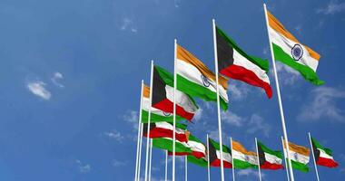 Kuwait and India Flags Waving Together in the Sky, Seamless Loop in Wind, Space on Left Side for Design or Information, 3D Rendering video