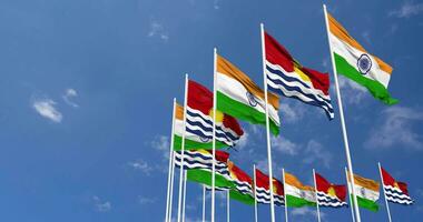 Kiribati and India Flags Waving Together in the Sky, Seamless Loop in Wind, Space on Left Side for Design or Information, 3D Rendering video