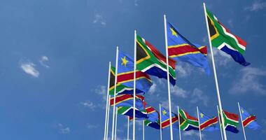 DR Congo and South Africa Flags Waving Together in the Sky, Seamless Loop in Wind, Space on Left Side for Design or Information, 3D Rendering video