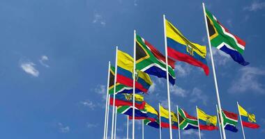 Ecuador and South Africa Flags Waving Together in the Sky, Seamless Loop in Wind, Space on Left Side for Design or Information, 3D Rendering video