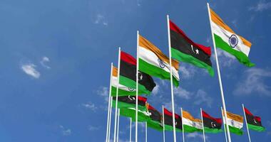 Libya and India Flags Waving Together in the Sky, Seamless Loop in Wind, Space on Left Side for Design or Information, 3D Rendering video