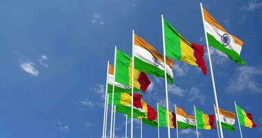 Mali and India Flags Waving Together in the Sky, Seamless Loop in Wind, Space on Left Side for Design or Information, 3D Rendering video