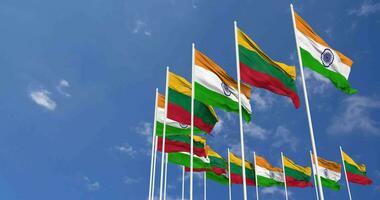 Lithuania and India Flags Waving Together in the Sky, Seamless Loop in Wind, Space on Left Side for Design or Information, 3D Rendering video