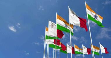 Malta and India Flags Waving Together in the Sky, Seamless Loop in Wind, Space on Left Side for Design or Information, 3D Rendering video