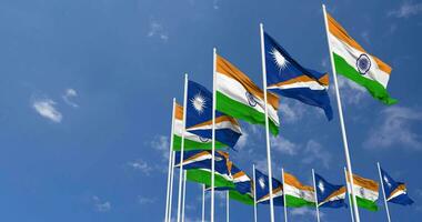 Marshall Islands and India Flags Waving Together in the Sky, Seamless Loop in Wind, Space on Left Side for Design or Information, 3D Rendering video