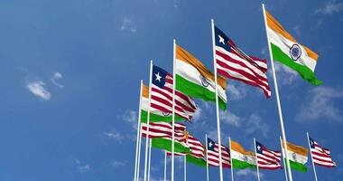 Liberia and India Flags Waving Together in the Sky, Seamless Loop in Wind, Space on Left Side for Design or Information, 3D Rendering video