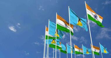 Saint Lucia and India Flag Waving Together in the Sky, Seamless Loop in Wind, Space on Left Side for Design or Information, 3D Rendering video