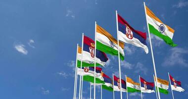 Serbia and India Flag Waving Together in the Sky, Seamless Loop in Wind, Space on Left Side for Design or Information, 3D Rendering video