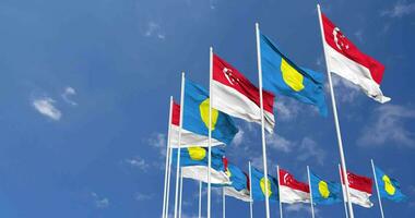 Palau and Singapore Flags Waving Together in the Sky, Seamless Loop in Wind, Space on Left Side for Design or Information, 3D Rendering video