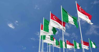 Nigeria and Singapore Flags Waving Together in the Sky, Seamless Loop in Wind, Space on Left Side for Design or Information, 3D Rendering video