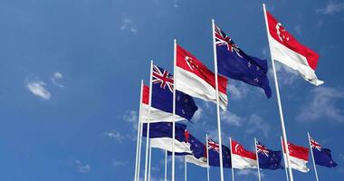 New Zealand and Singapore Flags Waving Together in the Sky, Seamless Loop in Wind, Space on Left Side for Design or Information, 3D Rendering video