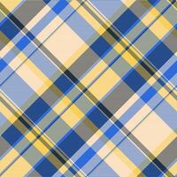 Hippie texture check textile, customizable vector tartan fabric. Nostalgia seamless plaid background pattern in blue and amber colors.