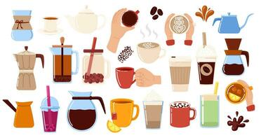 Collection hot drinks and beverage. Espresso coffee, cappuccino, latte, tea, bubble tea, matcha, cacao, chocolate.Vector illustration in doodle style vector
