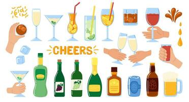 Alcohol drinks collection. Alcoholic bottles and glasses. Alcohol cocktail drinks, wine, champagne, beer, martini, whiskey, gin and cognac. Vector illustration in doodle style