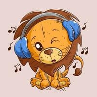 Cute lion sitting and listening to music vector