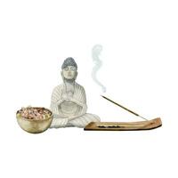 Buddha figurine with mineral salt bowl and burning aroma stick in wooden stand watercolor vector illustration for spa design