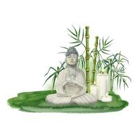 Meditating Buddha with burning candles in bamboo vector