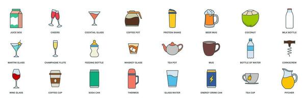 bebida icono colocar, incluido íconos como cerveza taza, carpeta, té maceta, Leche botella y más símbolos recopilación, logo aislado vector ilustración