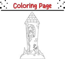 Coloring page beautiful princess with long hair castle window vector