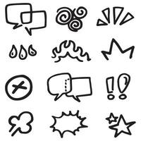 Vector set of hand-drawn cartoony expression sign doodle, curve directional arrows, emoticon effects design elements, cartoon character emotion symbols, cute decorative brush stroke lines.