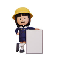 3D girl character holding a blank placard png