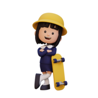 3d niña personaje paseo patineta png