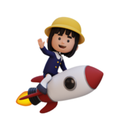 3D girl character riding a rocket and waving hand png