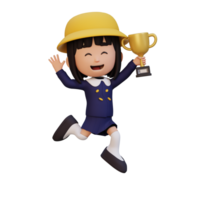 3D girl character celebrating win holding a trophy png