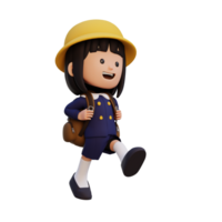 3d feliz menina personagem caminhando ir para escola segurando saco png