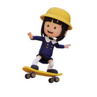 3D girl character ride skateboard png