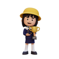 3D girl character celebrating win holding a trophy png